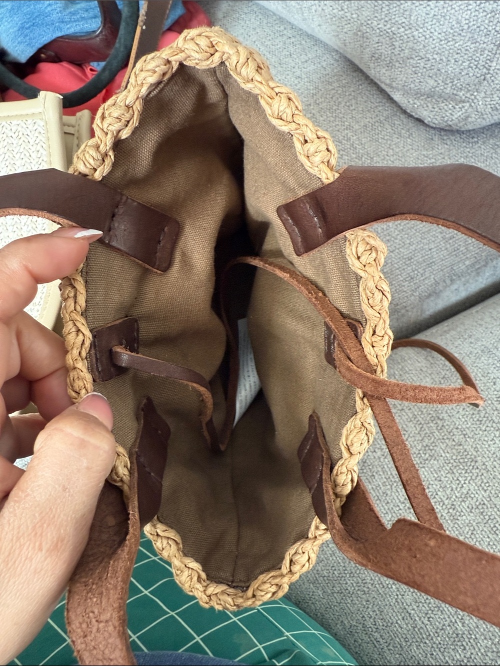Woven Straw Bucket Bag with Brown Leather Straps - Picture 3 of 4